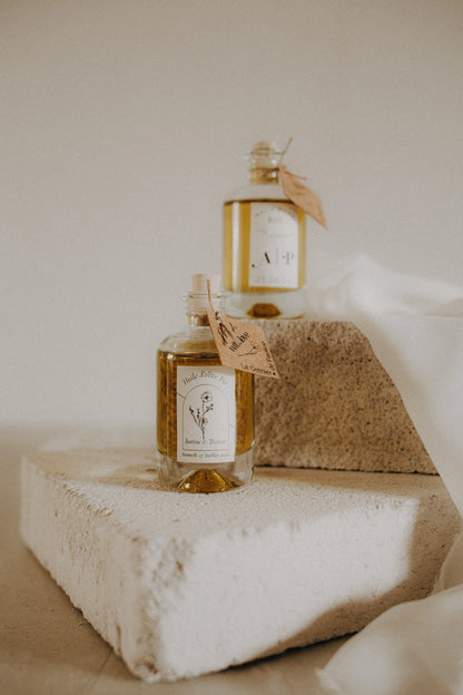 Cadeaux d’invités: Bouteille d’apothicaire d’huile d’olive avec étiquette